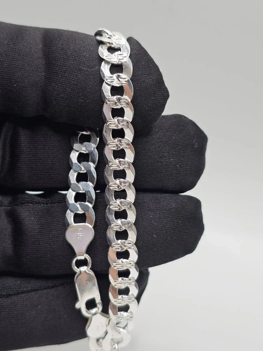 Sterling Silver 925 High Polished Diamond Cut Curb Bracelet 7.2mm 9 inches